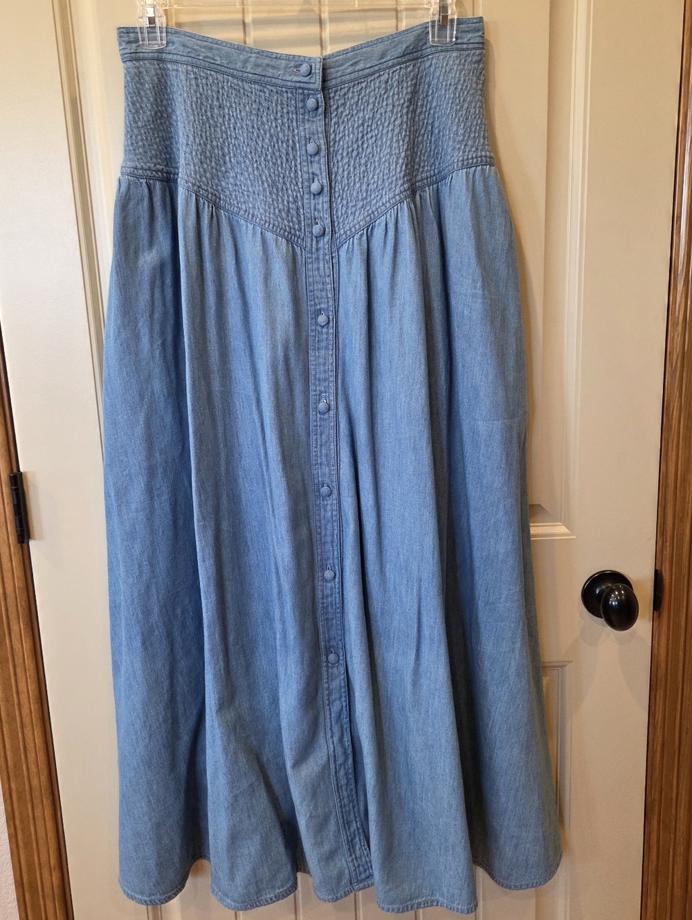 VTG Rumba by Anai Denim Maxi Skirt Smocked High Waist Button Front Blue L Boho - Picture 2 of 14